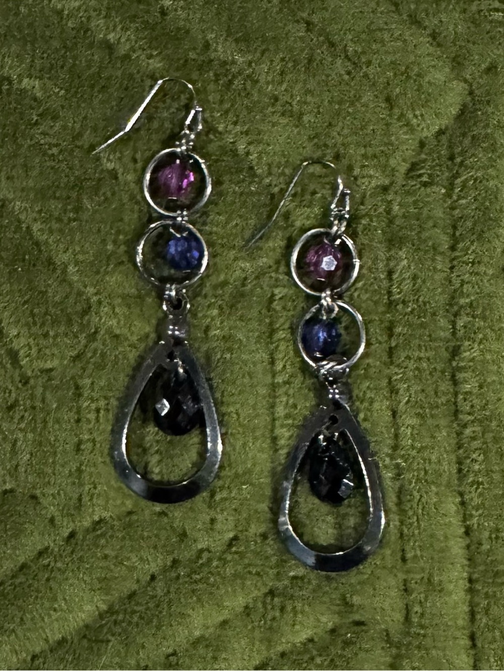 Silver Drop Earrings with Purple, Blue & Black Faceted Stones